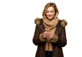 Smiling blonde woman in winter coat with fur hood using smartphone, isolated on transparent background