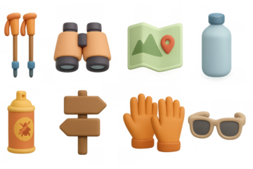 3d hiking gear icons: binoculars, gloves, map, water bottle, and more