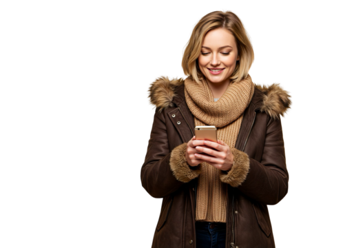 Smiling blonde woman in winter coat with fur hood using smartphone, isolated on transparent background