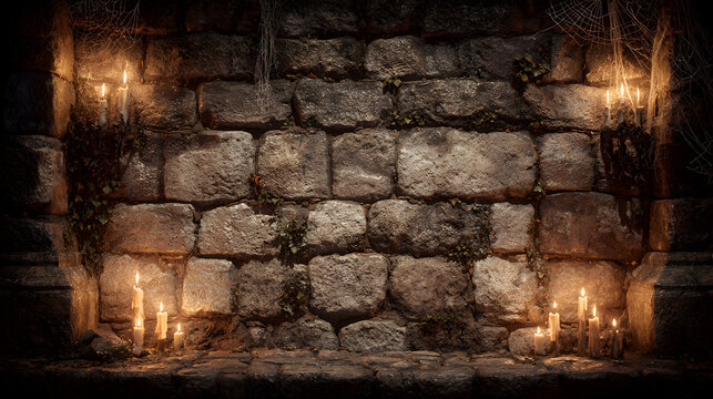 Dark medieval stone wall with glowing candles ivy and cobwebs for gothic atmosphere
