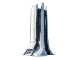 Tall, white, futuristic tower with complex, layered design