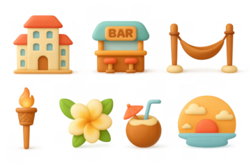 Charming tropical icons set featuring vacation elements in 3d style