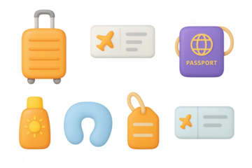 Cute 3d travel icons set featuring luggage, passport, tickets, and travel accessories