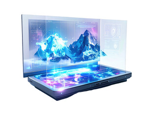 Futuristic laptop with overlaid 3D mountain range and global map projections