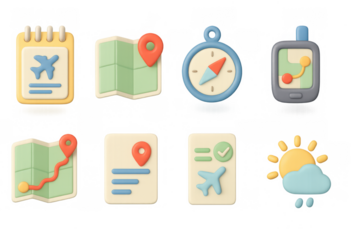 3d travel icons set: adventure planning and navigation elements