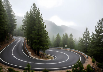 Winding mountain road through pine forest in foggy weather