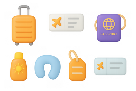 Cute 3d travel icons set featuring luggage, passport, tickets, and travel accessories