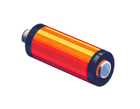 Cartoonish, stylized battery, cylindrical shape, orange and red stripes, dark accents