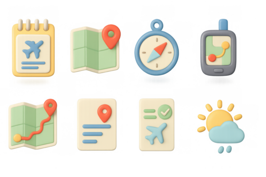 3d travel icons set: adventure planning and navigation elements - Powered by Adobe
