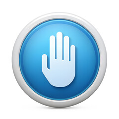 A white hand icon on a blue glossy button isolated on transparent background