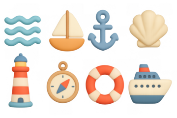 Nautical icons in 3d style featuring sailboat, anchor, and lighthouse