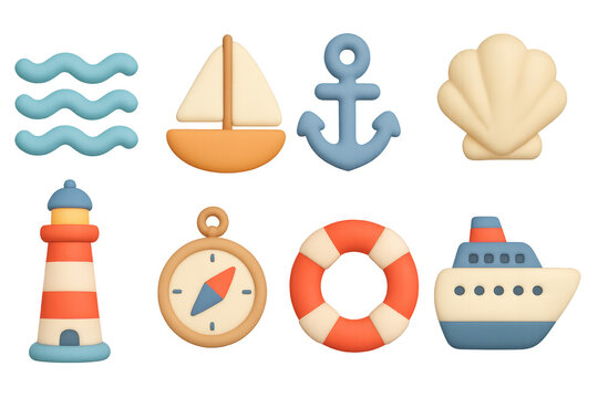 Nautical icons in 3d style featuring sailboat, anchor, and lighthouse