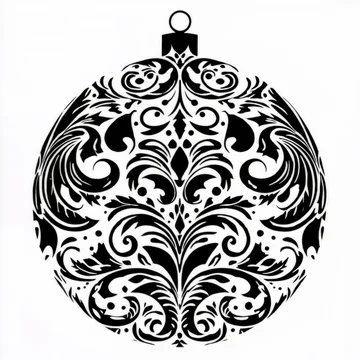 Elaborate ornate black and white Christmas bauble with a detailed floral pattern on white background