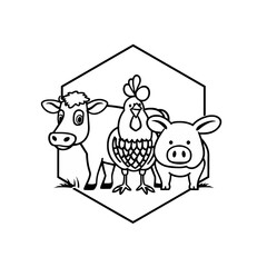 Farm animals – cow, chicken, and pig – illustrated in a simple, hexagonal frame.