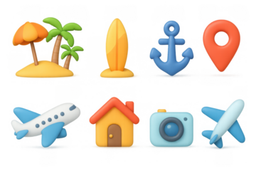 Colorful 3d travel and adventure icons collection for summer and vacation designs