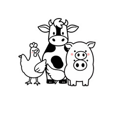 A charming illustration of a cow, hen, and pig, friendly farm animals together.