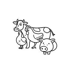 Line art illustration of a cow, chicken, pig, and duck grouped together, creating a farm animal scene.