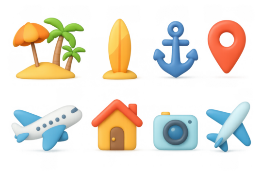Colorful 3d travel and adventure icons collection for summer and vacation designs