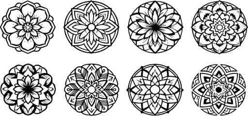 Intricate Black and White Floral Mandala Design | Symmetrical Mehndi-Inspired Art | Detailed Geometric Patterns for Coloring Books and Tattoos