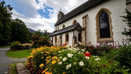 Fototapeta premium Church with colorful flowerbeds