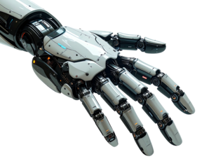 Close-up of a metallic robot hand, showcasing complex joints and intricate detailing
