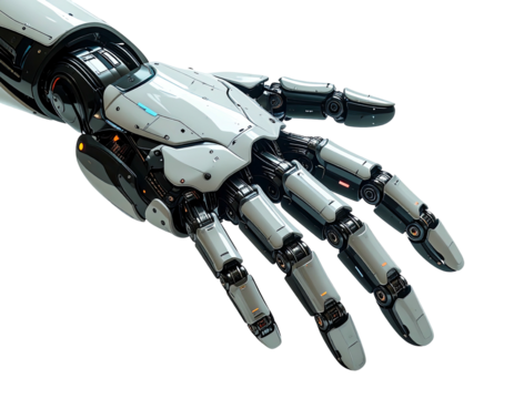 Close-up of a metallic robot hand, showcasing complex joints and intricate detailing