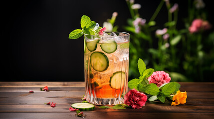 Cocktail détox sans alcool, boisson colorée et fruitée. Concombre, citron, menthe, fraise, fleurs fraiches. Boisson saine et rafraîchissante. Pour conception graphique.