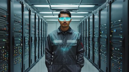 Confident technician in protective eyewear stands in a modern data center, server racks glowing with data. - Powered by Adobe