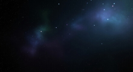 A vast, dark expanse of space featuring nebulas and scattered stars.