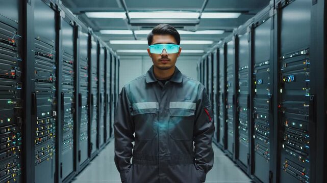 Confident technician in protective eyewear stands in a modern data center, server racks glowing with data. - Powered by Adobe