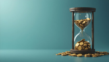 Hourglass filled with golden coins against a teal background, symbolizing time
