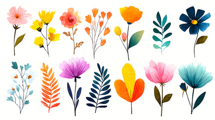 Obraz premium Vector illustration of flat color flowers and ferns clip art set, vector illustration on a white background, with flat colors, pastel colors, and colorful clipart-style illustrations. The clip-art ele