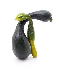 Unusual zucchini and cucumber isolated on white background.
