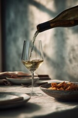 Naklejka premium Golden Pour: A delicate pour of white wine cascades into a clear glass, reflecting the soft light of a cozy setting, perfect for a memorable dining experience.