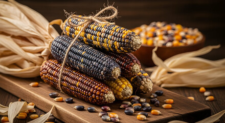 Vibrant Stack of Dried Corn Cobs with Husks and Kernels on a Rustic Wooden Board for Harvest and Autumnal Themes