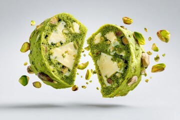 Creative and appetizing green cake with pistachios and cheese chunks floating in mid-air, showcasing culinary art and imaginative food photography techniques
