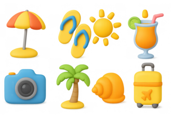 Colorful 3d summer icons: sun, beach, and travel elements