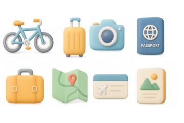 3d travel icon set featuring camera, suitcase, map, and passport
