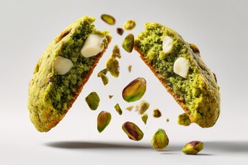 Delicious pistachio cookies with white chocolate chips breaking apart with flying nuts on white background, a perfect blend of flavors and textures
