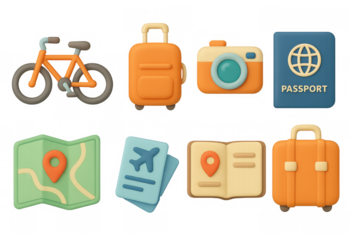 Travel essentials 3d icons set featuring luggage, camera, and bicycle