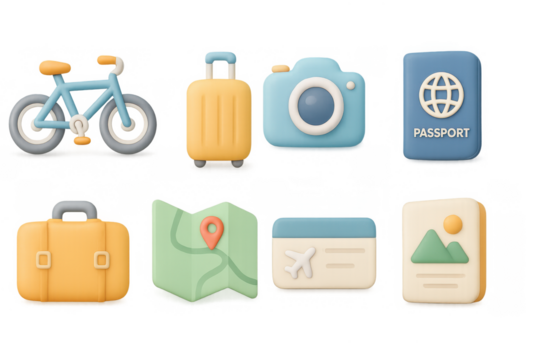 3d travel icon set featuring camera, suitcase, map, and passport - Powered by Adobe