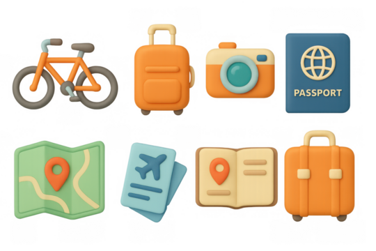 Travel essentials 3d icons set featuring luggage, camera, and bicycle