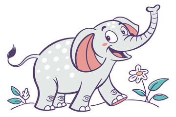 Fototapeta premium Smiling Cartoon Elephant with Raised Trunk, White Spots, Flower, and White Background