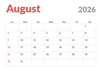 Monthly page Calendar Planner Template design of August 2026. Vector layout of calendar with week start Sunday for Scheduling. Page for size A4 or 21x29.7 cm