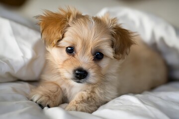 Adorable small puppy lying on white cozy blanket looking curiously with big eyes in a warm household environment, perfect for pet lovers, animal care themes, and cuddly moments