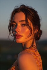 Golden hour portrait of a young woman with captivating gaze, natural light, and serene background, capturing the essence of beauty, tranquility, and the magic of sunset moments