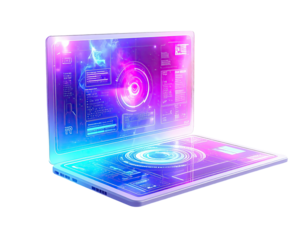 Futuristic laptop with glowing, translucent screen displaying digital data and energy effects