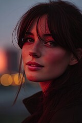 Dramatic Portrait of a Thoughtful Woman at Sunset with City Lights in the Background Showcasing Emotive Expression, Freckles, and Natural Beauty