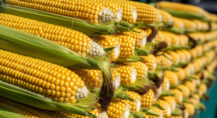 Vibrant Yellow Corn Cobs with Green Husks, fresh harvest bounty. A staple food, also used for dried corn products.
