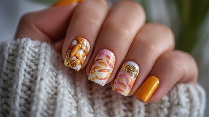 Oktoberfest nails with pretzel and beer mug designs, fun German theme, blurred white backdrop